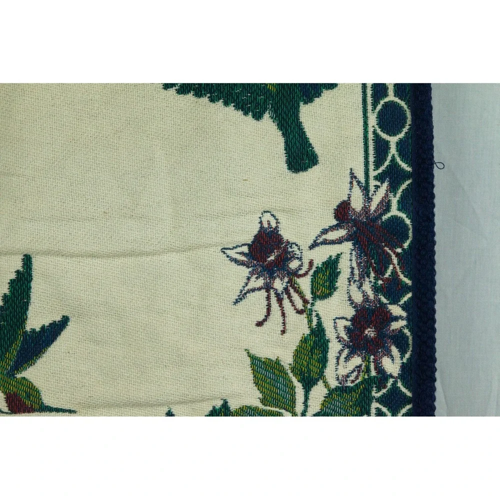 Vintage Woven Hummingbird Tapestry Wall Hanging Floral Nature Decor Cream Blue
